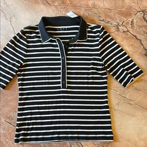 LOFT Black and White Striped Polo Shirt